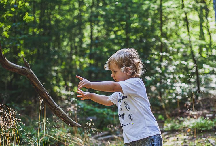 chłopiec buduje szałas z patyków w trójmiejskim lesie